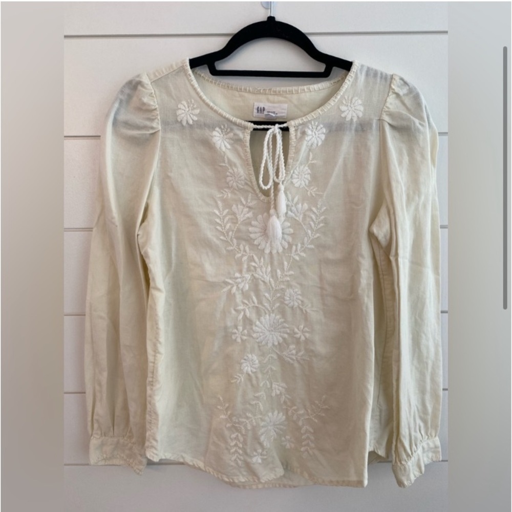 Gap Women's Ivory Pull On Blouse XS Embroidered Bohemian Festival Cotton Linen